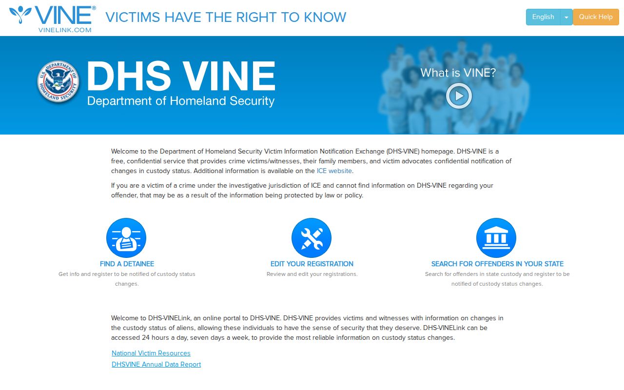 DHS VINE federal immigration custody search entry