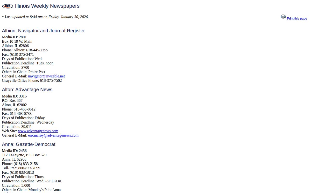 Illinois weekly newspaper directory listing local Johnson County papers