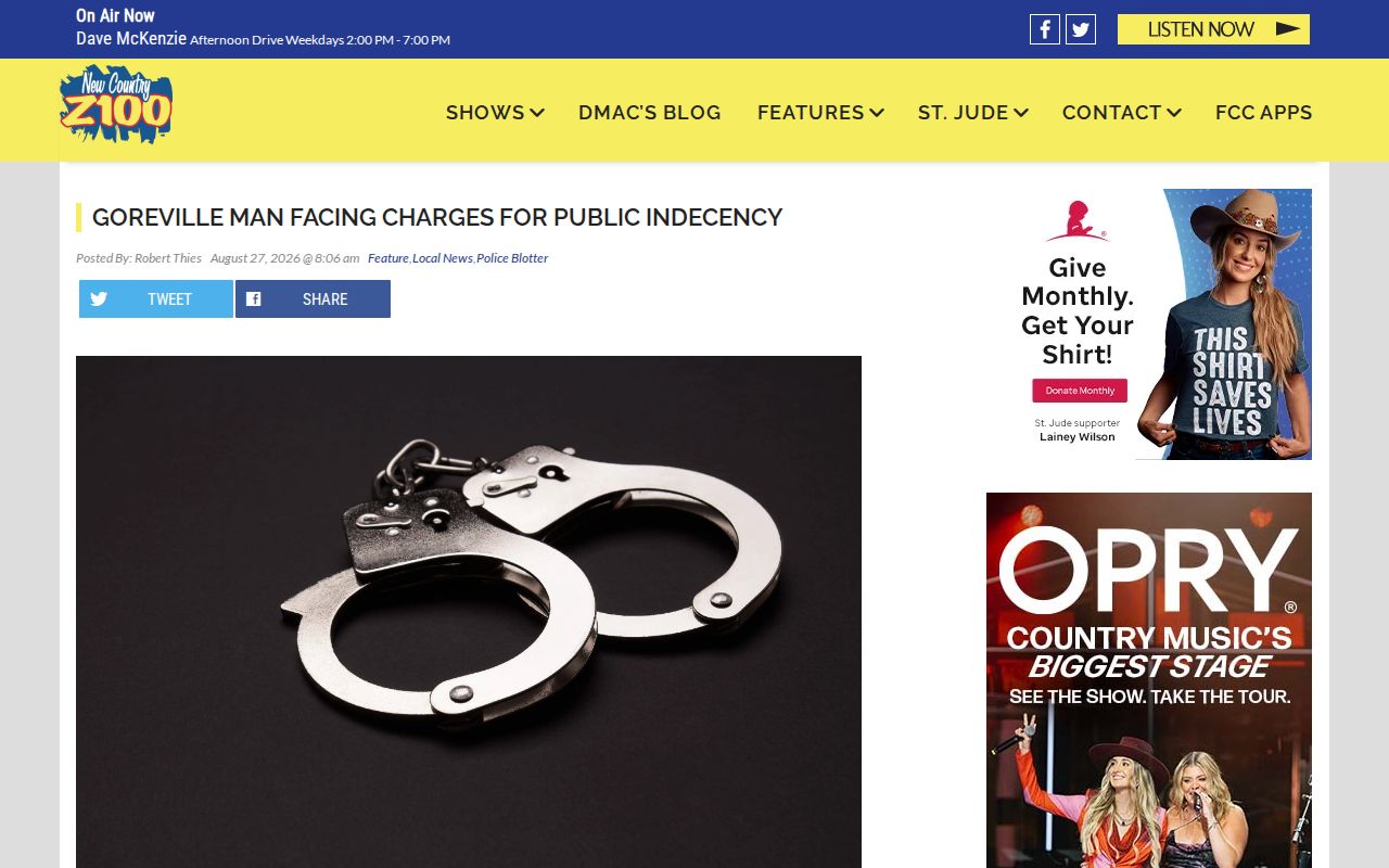 Regional news report concerning a Goreville arrest allegation
